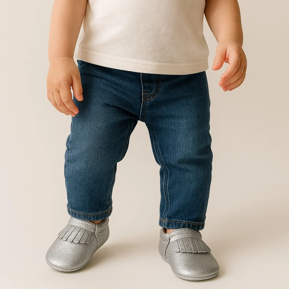 NWT Silver Genuine Leather Baby Moccasins - 18-24 Months